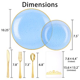 BONSINY Blue Plastic Dinnnerware Set for 25 Guests - Clear Blue Plastic Plates Disposable with Gold Trim - Fancy Disposable Plates for Party Wedding Easter Graduation Patriotic Party