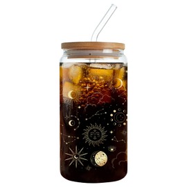 Fenmshairy Sun Moon Magic Eyes Astrolabe Drinking Glass Cup 16 Oz with Bamboo Lid and Straws, Iced Coffee Beer Cocktail Glass Tumbler, Holiday Christmas Birthday Gift for Dad Mom Sister Friends Bestie