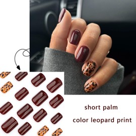 Leopard Print Press-On Nails Short Square False Nails with Patterns Autumn and Winter Red Acrylic False Nails Solid Color Glossy Glue Nails Reusable Holiday Daily Wear for Women 24 Pieces