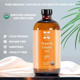 Organic Castor Oil - Cold Pressed,Hexane Free-  100% Pure & Certified-  16oz