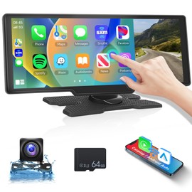 10.26" HD Wireless Android Carplay Screen for Car, Portable Touchscreen Car Stereo with Mirror Link, GPS, Bluetooth, Backup Camera, Voice Control, AUX/FM for All Vehicles 64G TF Card