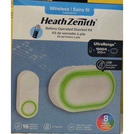Heath Zenith Doorbell Battery Wireless Kit USB Rechargeable 8 Color 16 Melodies 1000ft Range