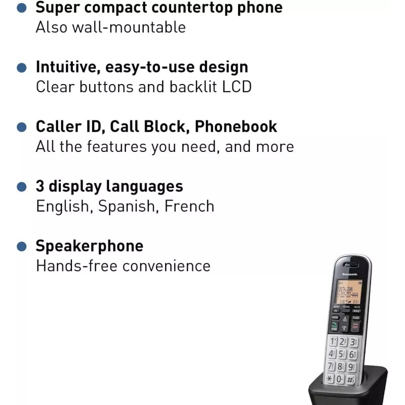 Panasonic Teléfono Inalámbrico Compacto Panasonic Con Bloqueo Llamadas Color Plateado