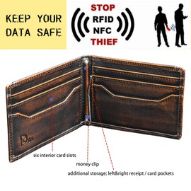 DK86 Skull Wallet for Men with Money Clip Genuine Leather Bifold RFID Blocking Mens Slim Front Pocket Wallet with Hand Burnished