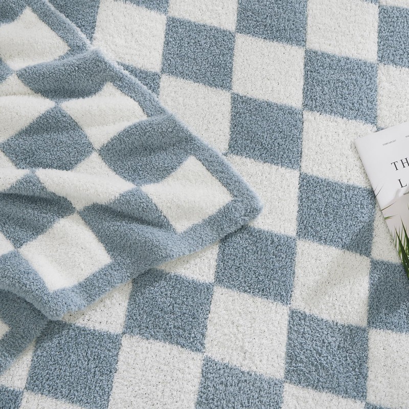 WRENSONGE Checkered Throw Blanket, Grey Blue Soft Cozy Fluffy Warm