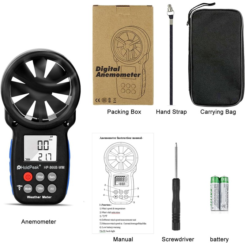 HoldPeak Handheld Anemometer Barometer, Weather Meter for Wind Speed, Temperature,