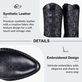 Vepose Women's Black Cowboy Cowgirl Western Mid-Calf Pull on Boots, Classic Vintage Embroidered Boots with Chunky Heel and Pointed Toe, 9802 Size 9 US (CJY9802 black 09)