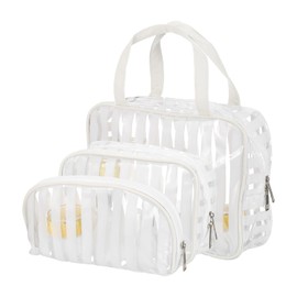 PATIKIL 3 Pcs Clear Makeup Cosmetic Bag, Transparent PVC Travel Toiletry Bag Waterproof Vinyl Organizer Makeup Pouch with Zipper and Handle Strap for Women Men Airport Airline, White