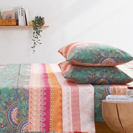 Wake In Cloud - Boho Bed Sheets, 4-Piece Sheet Set, Bohemian Chic Mandala Medallion Colorful Hippie Aesthetic Bedding, Deep Pocket, Orange Green, King Size