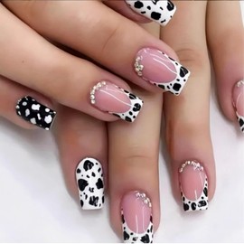 French Tip Press On Nails Fake Nails Medium Short Coffin Square with Nude Black White Leopard Designs Glossy Acrylic False Nails Glue on Nails Full Cover Thick Stick on Nails for Women Girls 24Pcs DW41