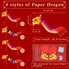 PullCrease 50 Pieces 3D Chinese New Year Decor 4 Styles Chinese Dragon Paper Dragon Decoration Hanging Handheld Paper Chinese Dragon Hanging Garland Crafts Decorations with Stickers