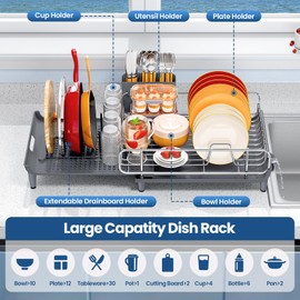 NTD Expandable Dish Drying Rack for Kitchen Counter, 16.7"-26.8", Gray