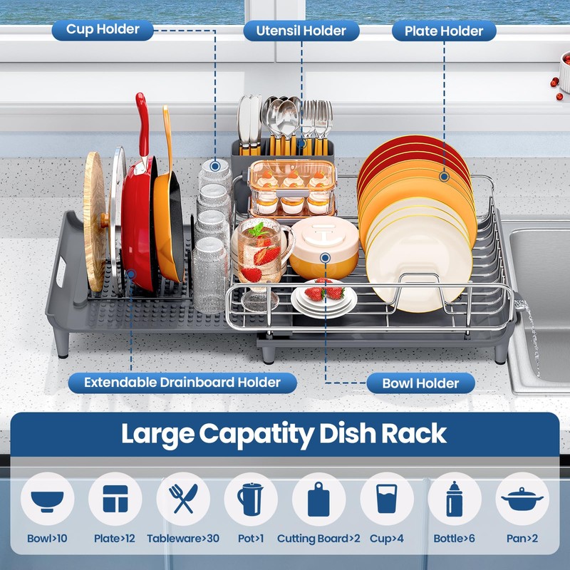 NTD Expandable Dish Drying Rack for Kitchen Counter, 16.7"-26.8", Gray