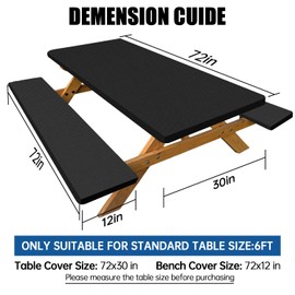 ZAUNFOOY Picnic Table Cover with Bench Covers Elastic Edges, Vinyl with Flannel Back, Fitted 6 Foot Rectangle Tables 30"x 72", Waterproof Windproof Wipeable Resistance to Fading (Pure Black)
