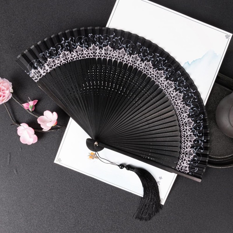 KBRPEY Foldable Black Hand Fan with Tassel Wooden Birthday Gifts