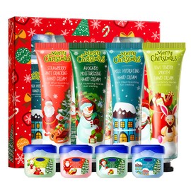 HOUSN Christmas Hand Cream and Christmas Lip Balm Set with 4 Hand Creams and 4 Lip Balms, Gifts for Colleagues Mother and Wife, Stocking Stuffers with Hydration for Lips and Hands