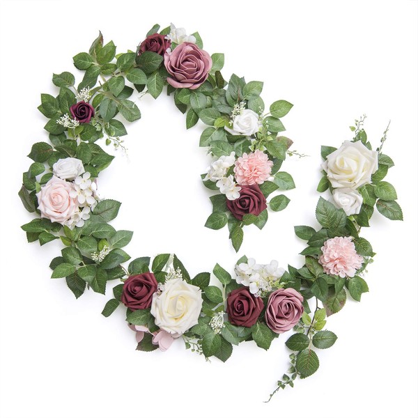 Ling's Moment Artificial Rose Flower Runner Rustic Flower Garland Floral Arrangements Wedding Ceremony Backdrop Arch Flowers Table Centerpieces Decorations (5FT Long, Dusty Rose Cream)
