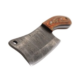 Wild Turkey Handmade Damascus Steel Collection 7" Fixed Blade Chef Cleaver Hatchet w/Leather Sheath (Brown Wood)