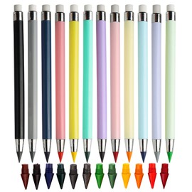 Minging Pack of 12 Eternal Pencils, Pencil Sets with 12 Replacement Tips, No Sharpening, Inkless Pencil, Pencils with Eraser, Stationery Gift for Children, Eternal Pencils Set