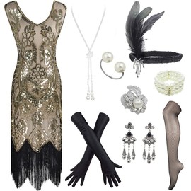 Plus Size Women's 1920s Art Deco Gatsby Dresses Sequin Fringed Flapper Dresses (X-Large, Apricot)