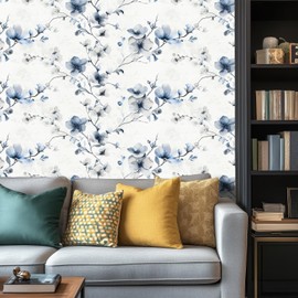 HOMETITUTE Blue Floral Wallpaper White Backdrop Peel and Stick Contact Paper Self Adhesive Removable Counter Peel and Stick Wall Paper for Countertop Cabinet Home Wall Decor 15.7"x39.4"