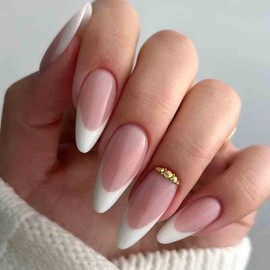 Enppode French Tip Press on Nails Long Fake Nails White Nails Almond Nails for Women 24 PC/Set