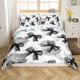Homemissing Black White Bowknot Duvet Cover Set Double Size For Kids Girls Teens Bedroom Cute Coquette Bow Bedding Set Rose Bow Ribbon Comforter Cover with 2 Pillowcases
