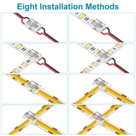 Aroidful Aroidful 20PCS 8-in-1 2 Pin 8mm LED Strip Light Connectors, COB Light Connector Gapless Solderless Connection for 0-36V COB/SMD 2835/3528 Single Color LED Strip and 20-22AWG Wire [Energy Class A]