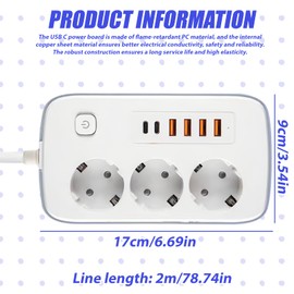 GOEDCH Multiple Socket with USB C: Distribution Socket 3 Way with 2 USB C, 2 m Socket Adapter with Switch, Plug Sockets with 4 USB for Office, Travel, Kitchen (PD 20W)