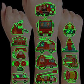 96 PCS Firefighter Firetruck Pre-Cut Temporary Tattoos for Kids | Super Cute Themed Birthday Party Favors, Supplies, Decorations, Fake Tattoo Stickers (Luminous)