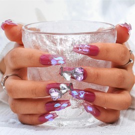 Sethexy Purple Rhinestone Handmade Fake Nail 3D Crystal Long Coffin False Nails Glitter Press on Nails Salon Durable Nails for Women and Girls (6)