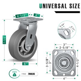 HANDSAMMU 6 Inch Heavy Duty Caster Wheels -Industrial Caster Wheels, Rubber Caster Wheels（Flat Tread） 700 Lbs Per Casters - Use for Dollies, Workbench (1 Swivel)