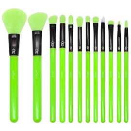 MODA Juego de brochas de maquillaje verde neón, 12 piezas veganas para rostro y ojos, para base, rubor, polvo y sombra de ojos, cerdas sintéticas ultr