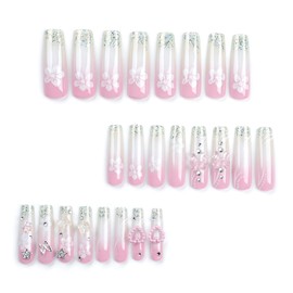 MERVF Long Square Press on Nails Glitter French Tip Fake Nails Press ons with 3D Charms Design Glue on Nails Extra Long Squoval Acrylic Nails Flower Butterfly Bow False Nails Glossy 24pcs