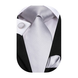 Hi-Tie Ties for Men Silk Necktie Pocket Square Cufflinks Wedding Formal Party Gift for Men,Silver Solid