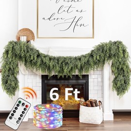 Cedar Christmas Garland with Lights for Mantle - Decorations 6 ft Realistic Lighted Faux Pine Garlands for Xmas Home Decoration Indoor Stairs Railing Fireplace Outdoor 6ft Prelit Garland Door Decor