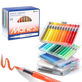 Marie's Automatic Ink Control Acrylic Paint Markers, 60 Colors Brush Tip Acrylic Paint Pens, Portable Case, Works on Rock, Wood, Glass, Ceramic, Canvas, Paper for DIY & School Art