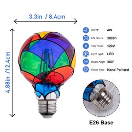 CybaaLuxzus Stained Glass Light Bulb,Rainbow Painted Light Bulb,Mosaic Light Bulb,4W 120V,Multi Colored Colorful Light Bulb Indoor,Fun Romantic Light Bulbs,Unique Decorative Light Bulbs