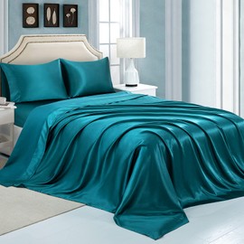 OAYSA Silk Satin Bed Sheets, Full Size Sheets Set, Ultra Soft Silky Bedding Set with 18'' Extra Deep Pocket Fitted Sheet for High Mattress (Full, Teal)