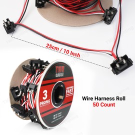 TMH Continuous 3 Prong Right Angle Plug 50 Count 10-inch Lead Spacing Wire Harness Roll 18 Gauge Male Bullet for Tail Light, Truck, Trailer