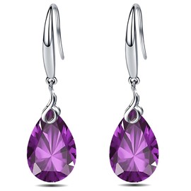 Maylover 14k White Gold Plated 925 Sterling Silver 12mm Pear Shape Naked Drill Crystal Dangle Earrings For Women (Earrings Purple color)