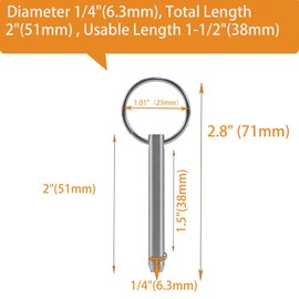 10 Pack Quick Release Pin,Full 316 Stainless Steel, Diameter 1/4"(6.3mm), Total Length2(51mm) , Usable Length 1-1/2"(38mm), Bimini Top Pin, Marine Hardware,Boat Quick Release Pin,Detent Pin