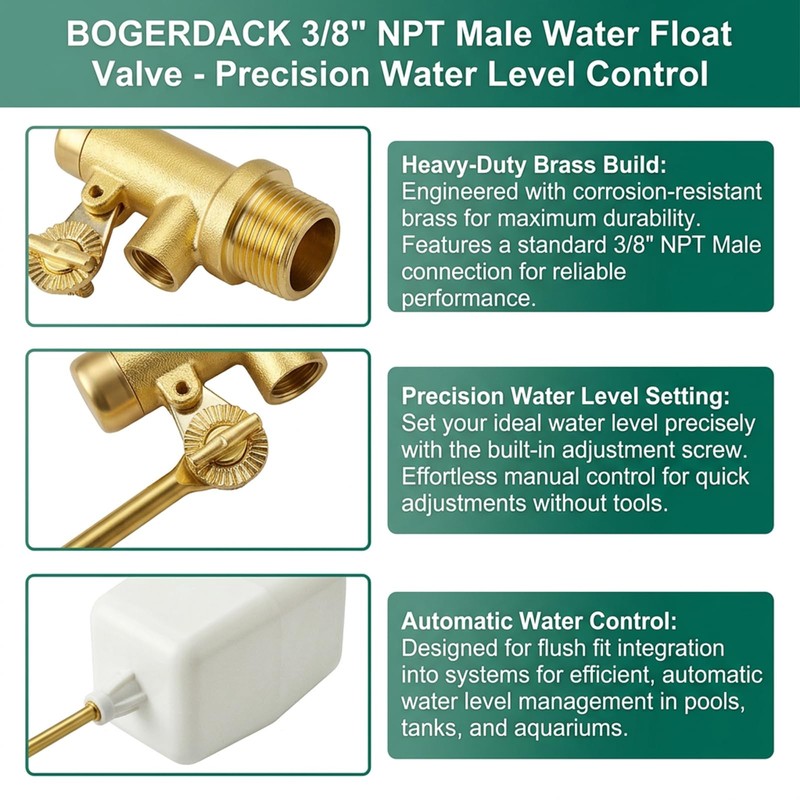 BOGERDACK 1PCS 3/8" NPT Male Water Float Valve, Automatic Fill