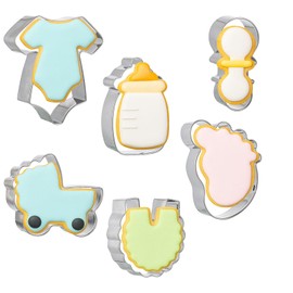 LXUEJIE 6 PCS Baby Shower Cookie Cutters, Baby Carriage, Onesie, Bib, Rattle, Bottle, Baby Foot Biscuit Cutters Fondant Molds, Stainless Steel Cookie Cutter for Baby Shower Birthday Party