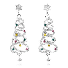 Mayoii Christmas Earrings for Women, Christmas Tree Diamond-Studded Dangle Earrings, S925 Silver Needle Luxurious Glittering Rhinestone Christmas Themed Pendant Earrings(Silver)