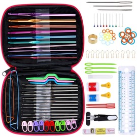 Topeetek Crochet Hooks, 100Pcs Crochet Kit with Storage Case Ergonomic Knitting Needles Blunt Needles Stitch Marker DIY Hand Knitting Craft Art Tools Sets for Beginners