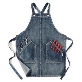 Jeanerlor Tool Work Acid Washed Barber Apron With Pockets for Men Salon Stylist Denim Blue Plus Size Cross Back