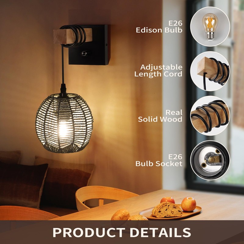 HYMELA N01 100% Dimmer Wall Sconce with Hand Woven Rattan
