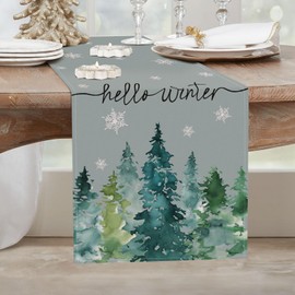 Bonhause Green Pine Tree Christmas Table Runners for Kitchen Dinning Table Decoration, Winter Snowflakes Grey Table Runner for Indoor Outdoor Home Holiday Party Decor(33 x 183 cm)
