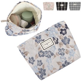 Fogman Makeup Pouch, Large Capacity, Compact, Thin, Stylish, Cute, Lightweight, Makeup, Floral Blue